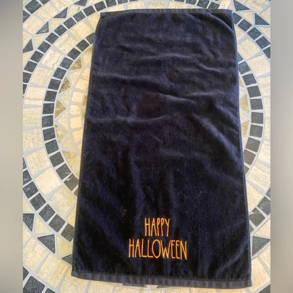 Rae Dunn Happy Halloween Hand Towels Black Towels with Orange Halloween Text